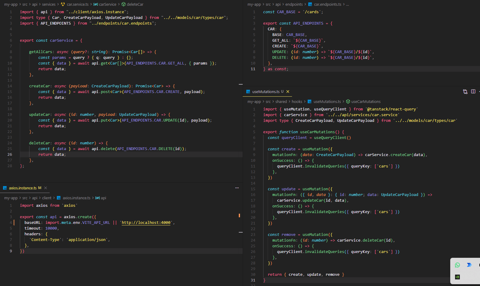 Arquitectura de peticiones HTTP con Axios: instancia singleton, servicios, endpoints y hooks de React Query